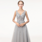 Grey Sequin Deep V Neck Long Prom Dress