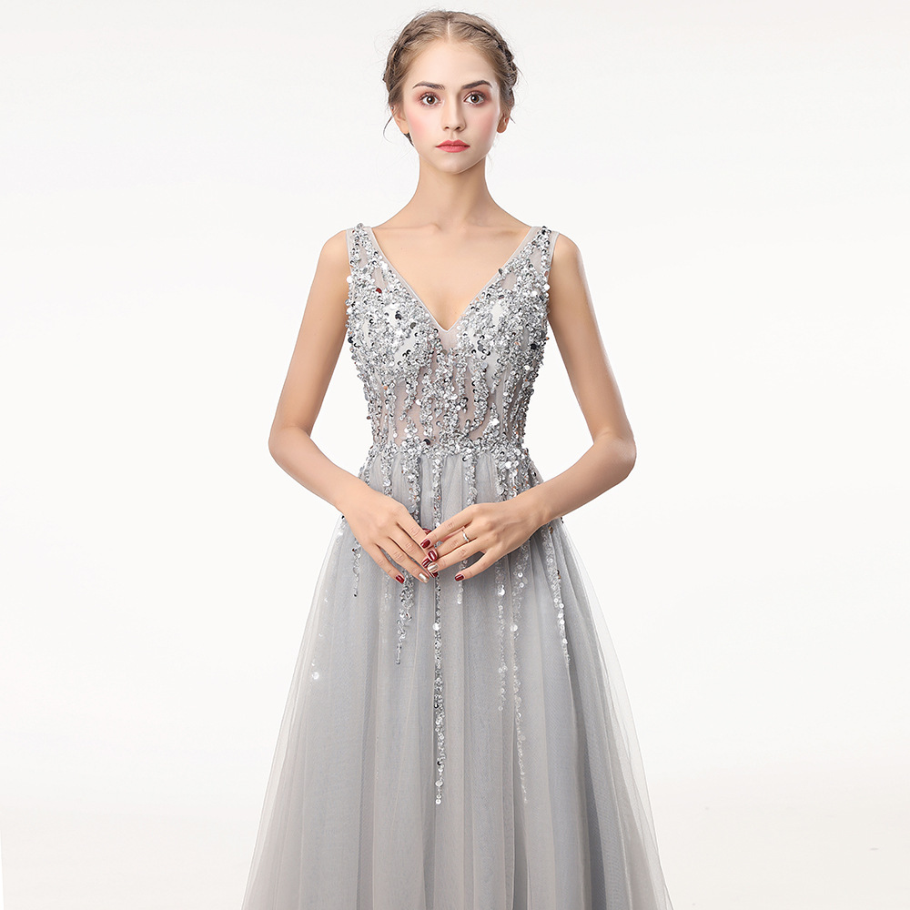 Grey Sequin Deep V Neck Long Prom Dress