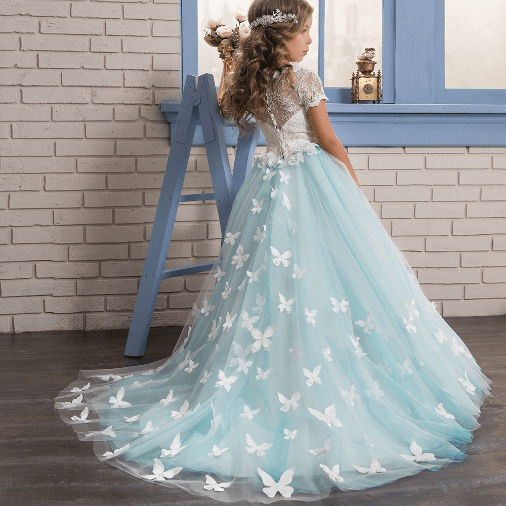 Alice Blue Butterfly Appliqued Short Sleeves Kids Wedding Dress