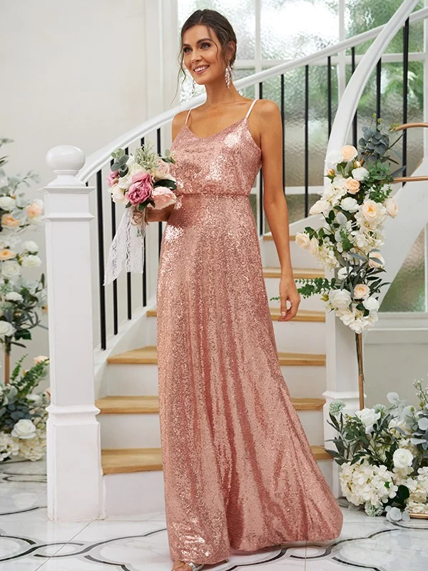 Sequin Spaghetti Strap Sleeveless Maxi Bridesmaid Dress