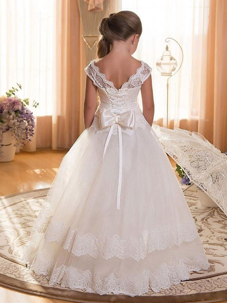 White Lace Jewel Neck Sleeveless Kids Wedding Dress