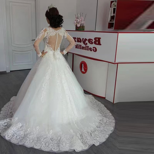 White Lace Long Sleeves Wedding Dress