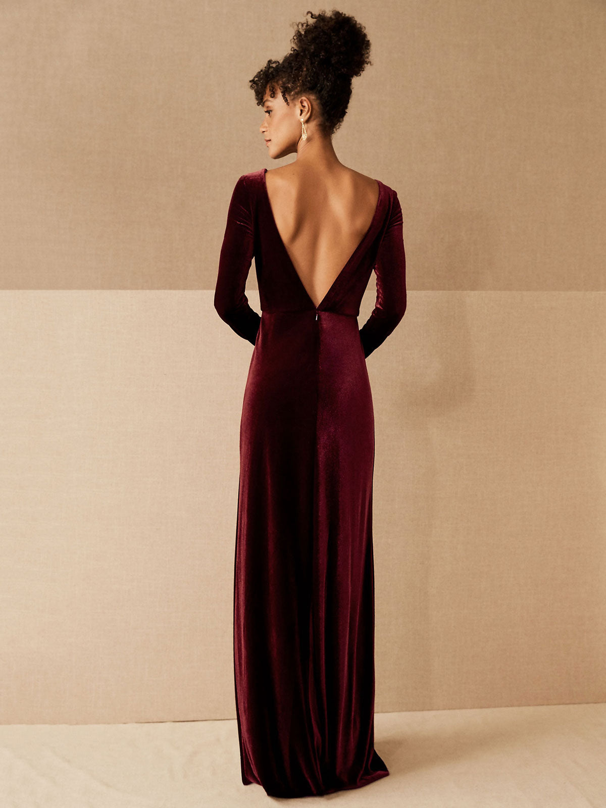 V-Neck Long Sleeve Velour Floor-Length Formal Bridesmaid Dress