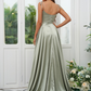 Satin Simple Spaghetti Strap Sleeveless Maxi Bridesmaid Slit Dress