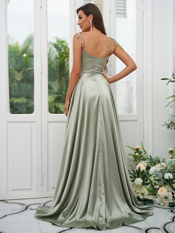 Satin Simple Spaghetti Strap Sleeveless Maxi Bridesmaid Slit Dress