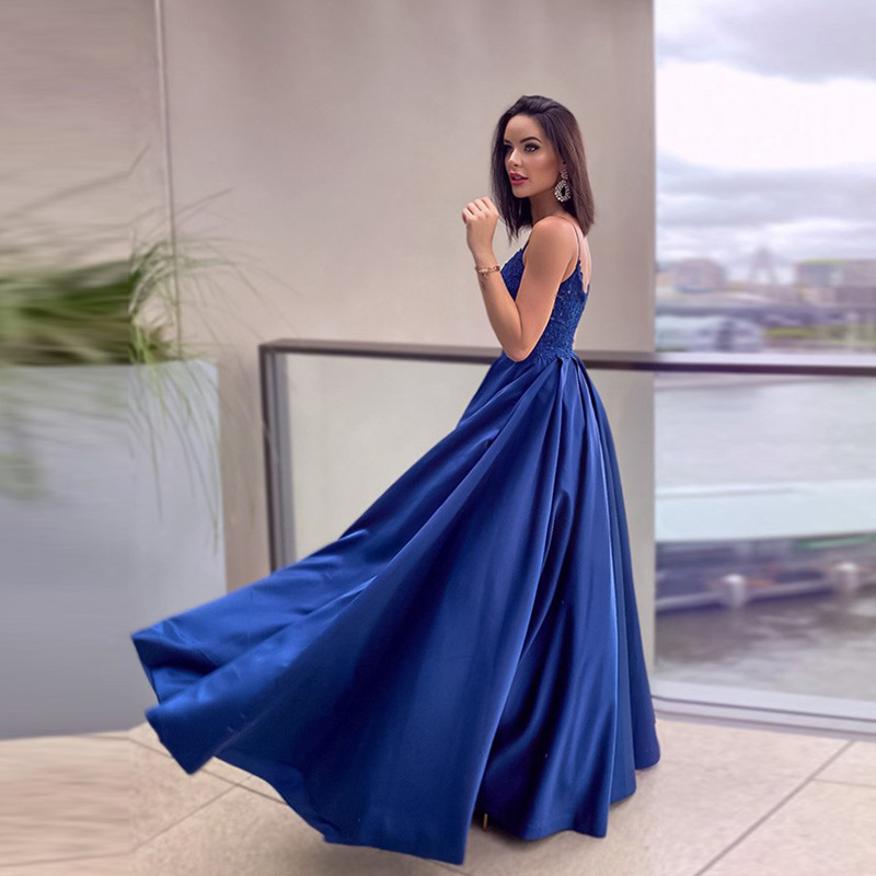 Satin Blue Spaghetti Strap Sleeveless Long Evening Dress