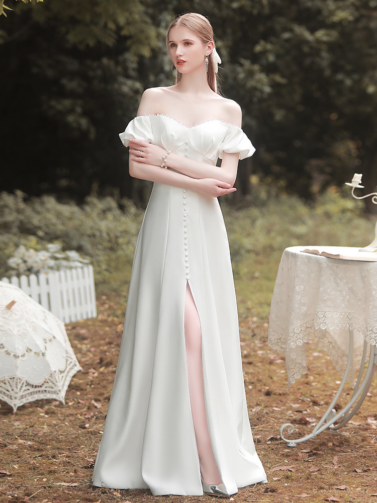 White Satin Off-Shoulder Long Slit Wedding Dress