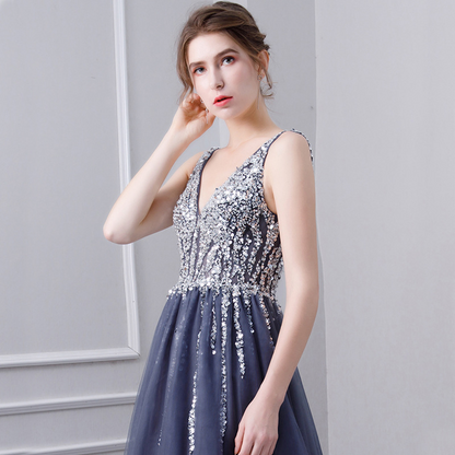 Grey Sequin Deep V Neck Long Evening Dress