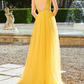 Yellow Lace Deep V Neck Sleeveless Backless Prom Dress