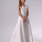 White Satin Applique Sleeveless Long Kids Wedding Dress