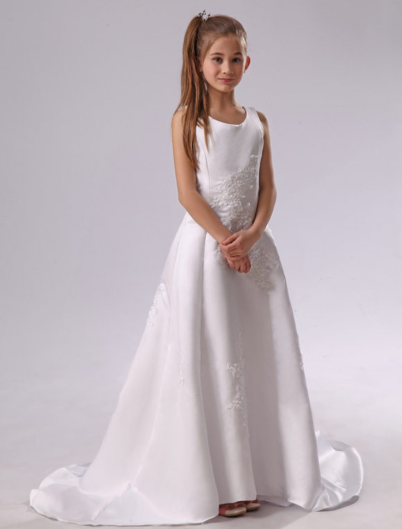 White Satin Applique Sleeveless Long Kids Wedding Dress