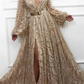 Sequin Deep V Neck Full Sleeves Long Evening Slit Dress