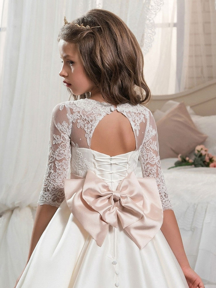 Ivory Lace Cut Out Back Half Sleeves Kids Wedding Dress