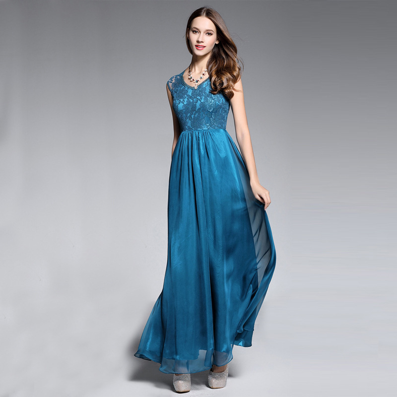 Deep Sky Blue Lace Embroidered Chiffon Sleeveless Bridesmaid Dress