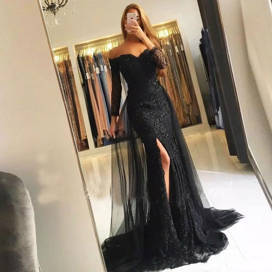 Off Shoulder Long Sleeves Brush Train Evening Dress