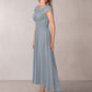 Light Gray Chiffon Jewel Neck Short Sleeves Lace Embroidered Bridesmaid Dress