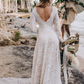 Ivory Lace Deep V Neck Long Sleeves Brush Train Wedding Dress