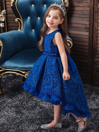 Blue Lace Jewel Neck Sleeveless Tail Kids Party Dress