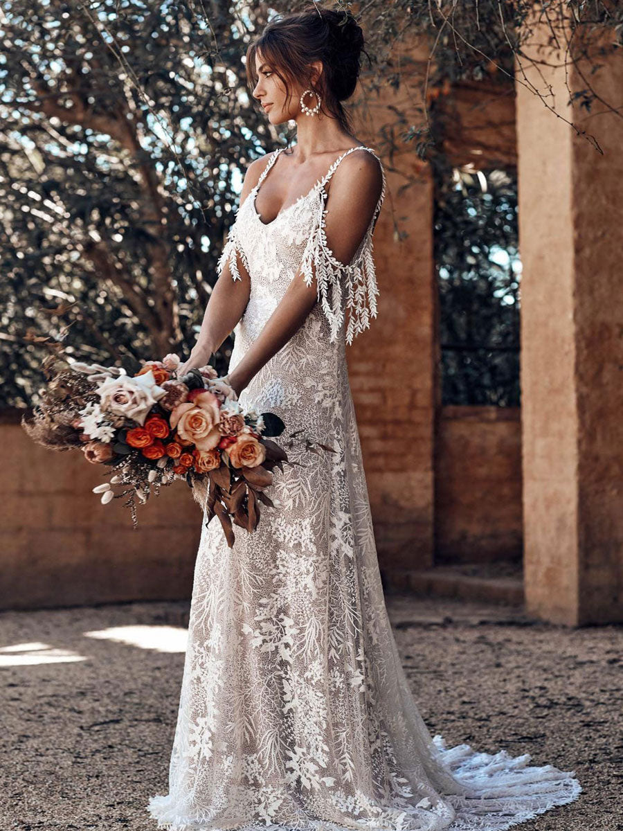 Lace Brush Train Boho Wedding Dress