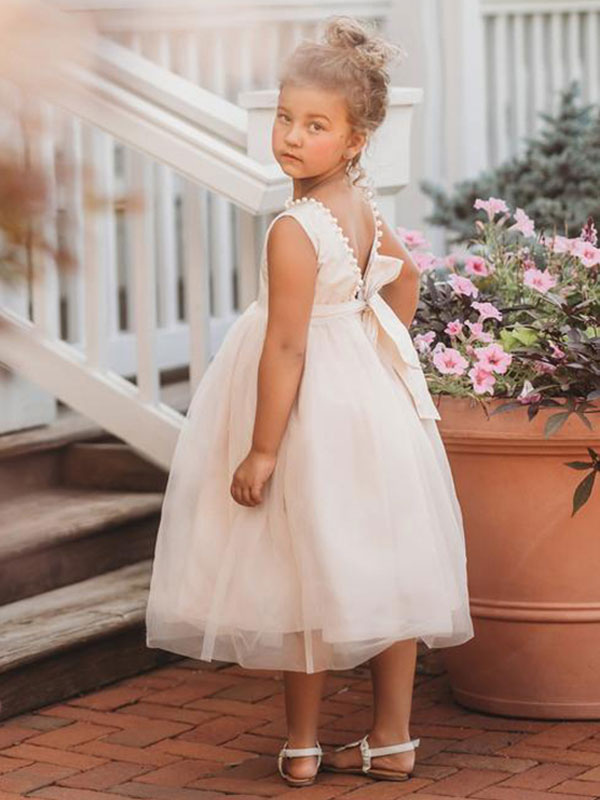 Cornsilk Jewel Neck Sleeveless Backless Kids Party Dress