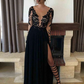 Black Lace Full Sleeves Long Slit Prom Dress