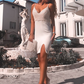 White Beaded Deep V Neck Short Evening Dress