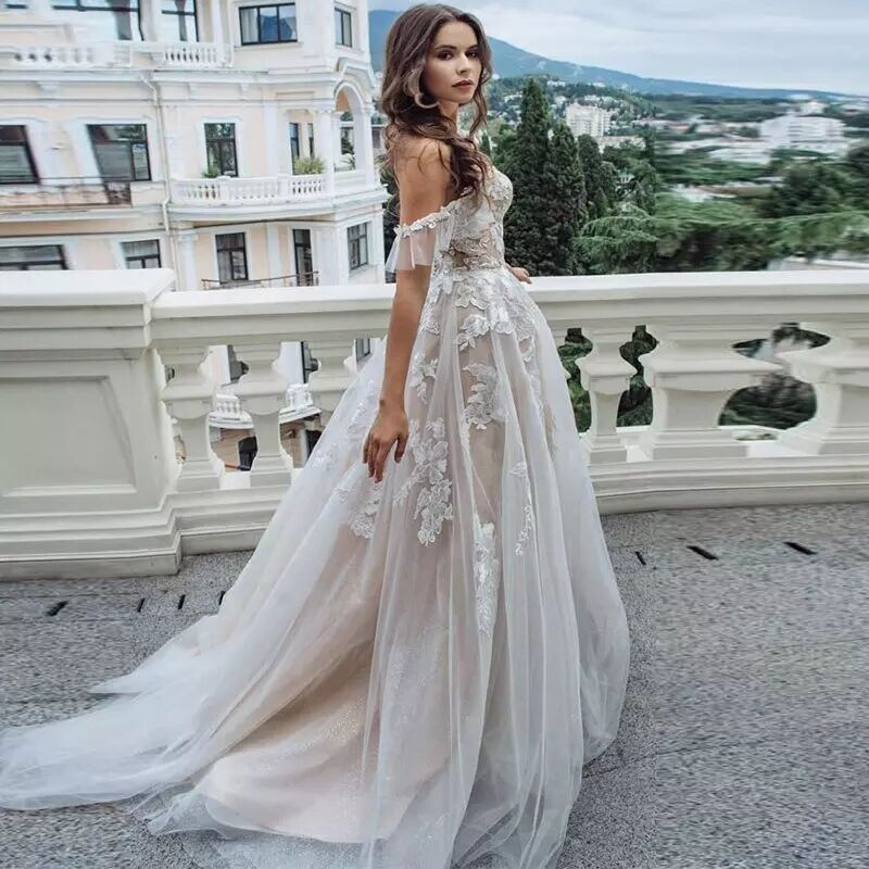 White Off-Shoulder Appliqued Long Evening Dress