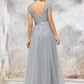 Silver Lace Short Sleeves Maxi Bridesmaid Dress