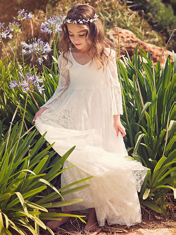 Lace Ivory V Neck Flare Sleeves Kids Party Dress