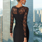 Black Square Neck Lace Long Sleeves Evening Dress