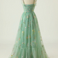 Green Embroidered Sleeveless Long Prom Dress