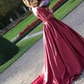 Crimson Lace V Neck Long Sleeves Brush Train Prom Dress