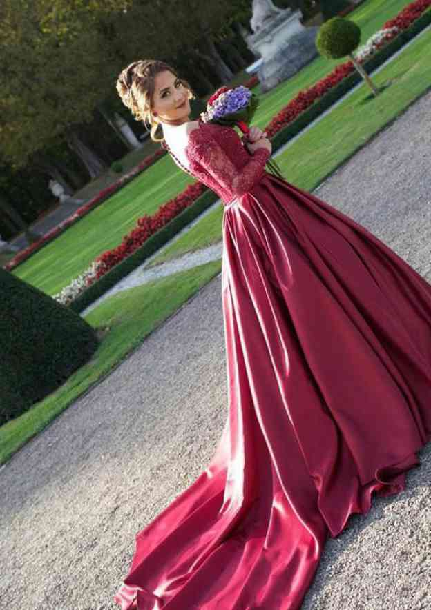 Crimson Lace V Neck Long Sleeves Brush Train Prom Dress