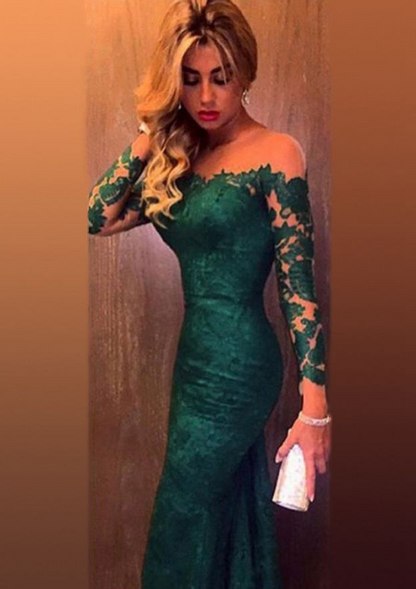 Green Lace Off-Shoulder Long Sleeves Prom Dress