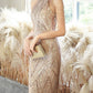 Champagne Jewel Neck Sleeveless Sequined Chain Pleated Mermaid Prom Dress