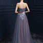 Steel Blue Applique Lace Up Strapless Tulle Floor Length Party Dress