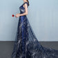 Navy A-Line Scoop Neck Sequin Tulle Formal Party Dress