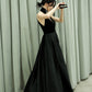 Black Satin V-Neck Spaghetti Straps Velour Floor-Length Bridesmaid Dress