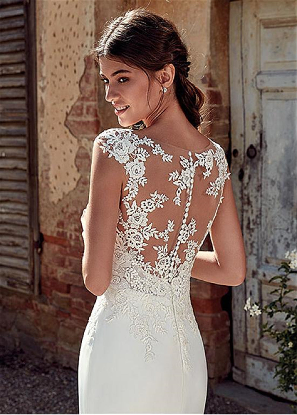 White Lace Illusion Neckline Sleeveless Mermaid Wedding Dress