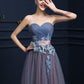 Steel Blue Applique Lace Up Strapless Tulle Floor Length Party Dress