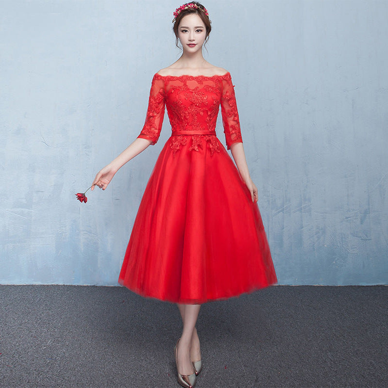 Red Mesh Lace Embroidered Formal Evening Dress