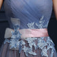 Steel Blue Applique Lace Up Strapless Tulle Floor Length Party Dress