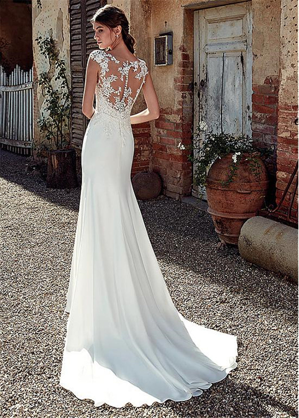 White Lace Illusion Neckline Sleeveless Mermaid Wedding Dress