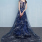 Navy A-Line Scoop Neck Sequin Tulle Formal Party Dress