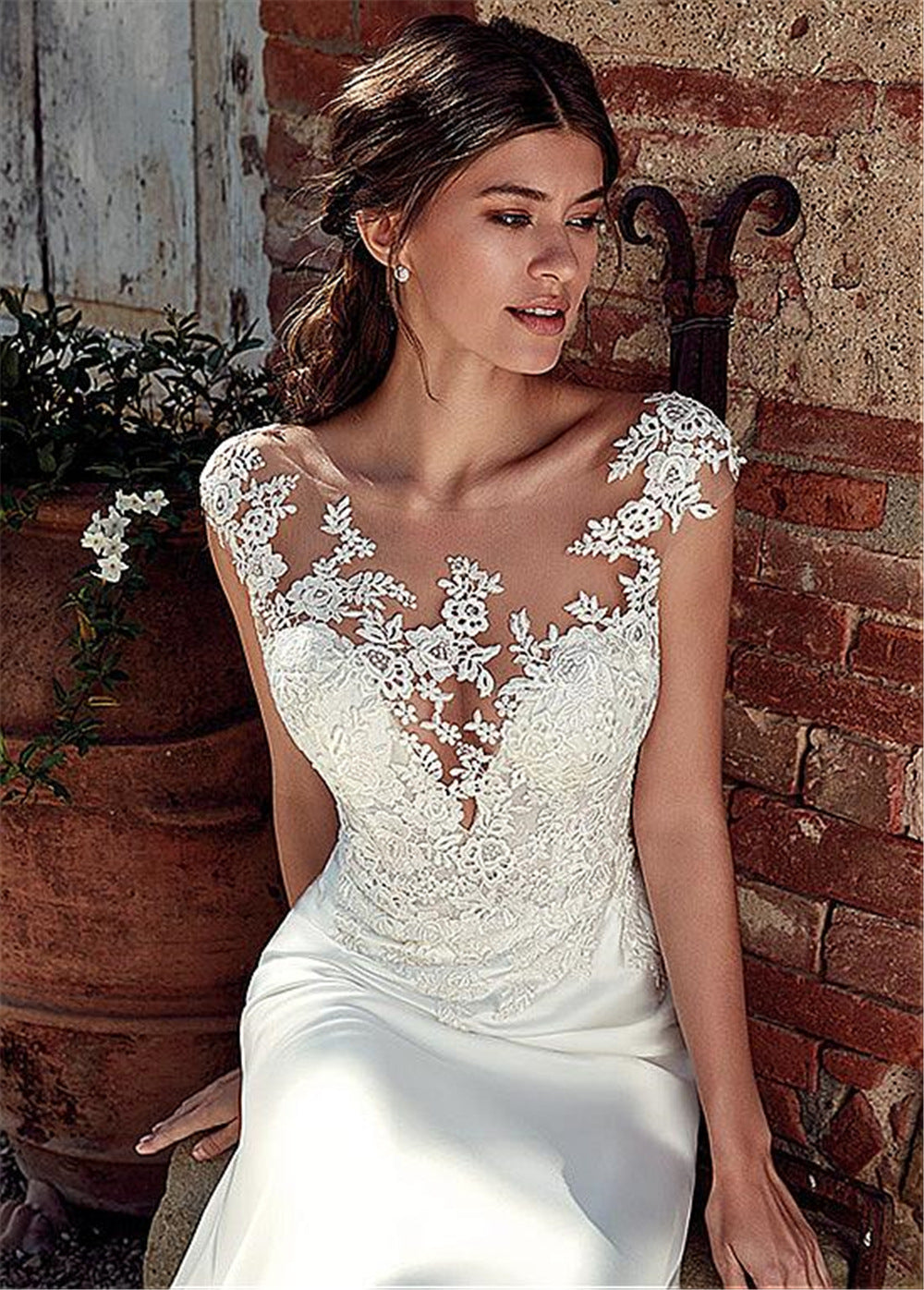 White Lace Illusion Neckline Sleeveless Mermaid Wedding Dress