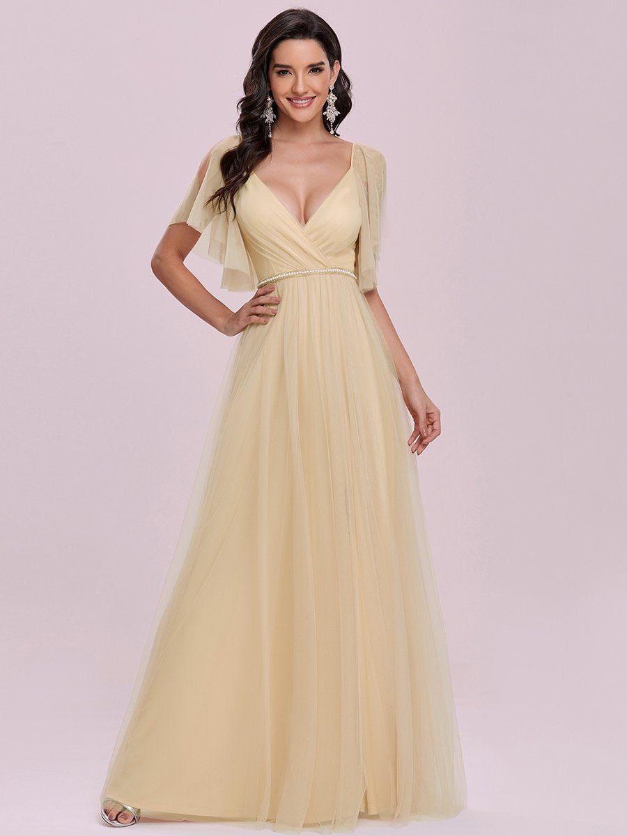 Yellow V-Neck Tulle Short Sleeves Backless Bridesmaid Dress