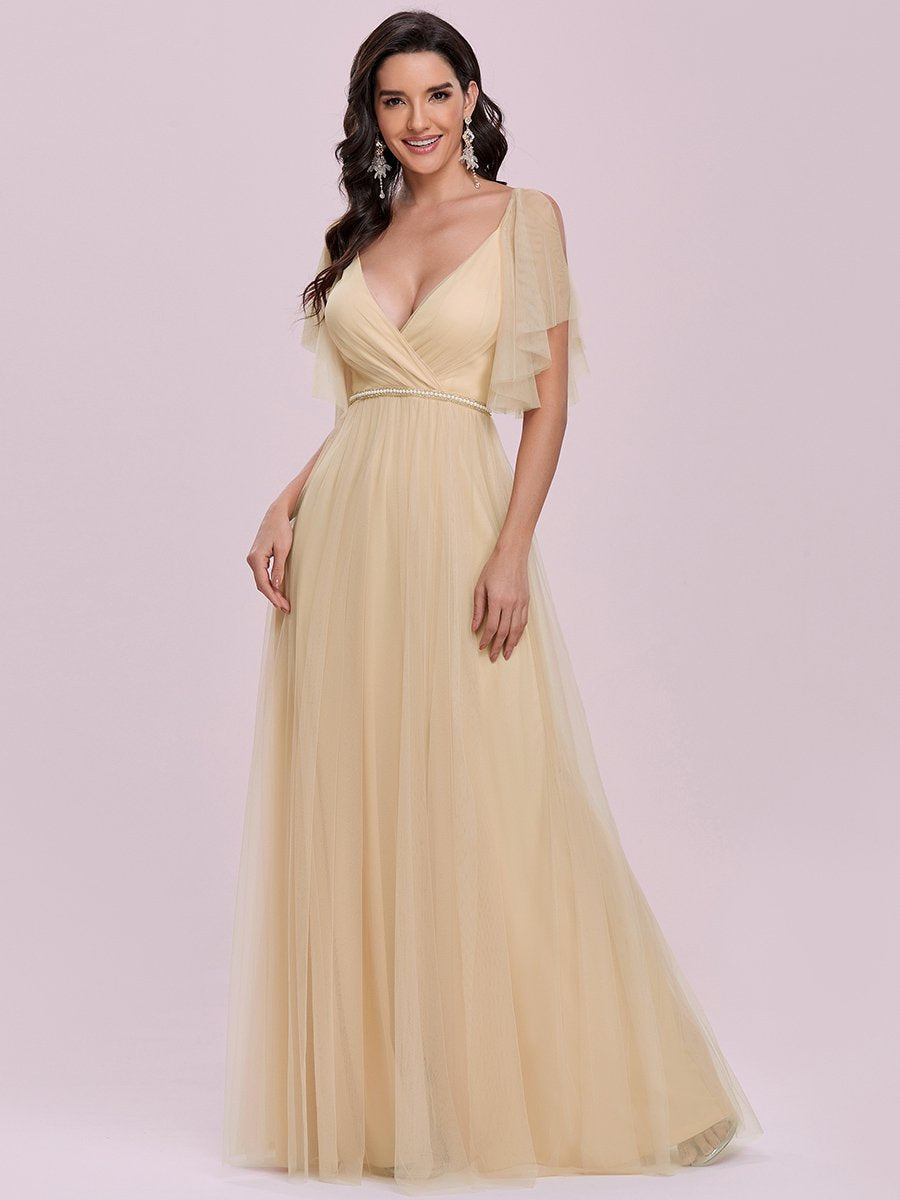 Yellow V-Neck Tulle Short Sleeves Backless Bridesmaid Dress