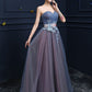 Steel Blue Applique Lace Up Strapless Tulle Floor Length Party Dress