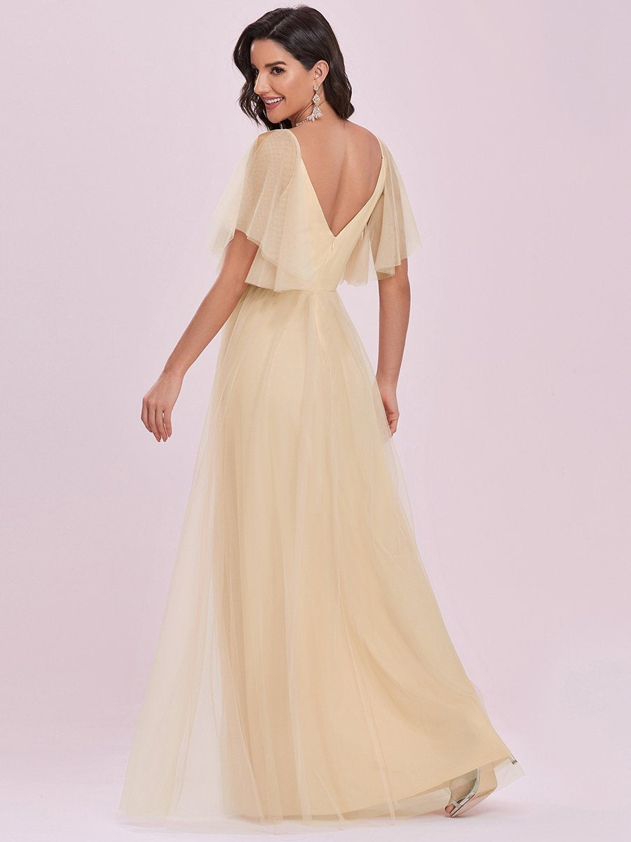 Yellow V-Neck Tulle Short Sleeves Backless Bridesmaid Dress