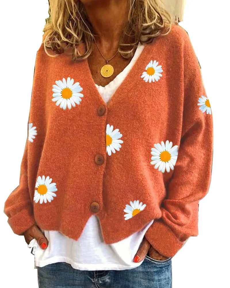 Women's Floral Print  Button Down Ribbed Sweater